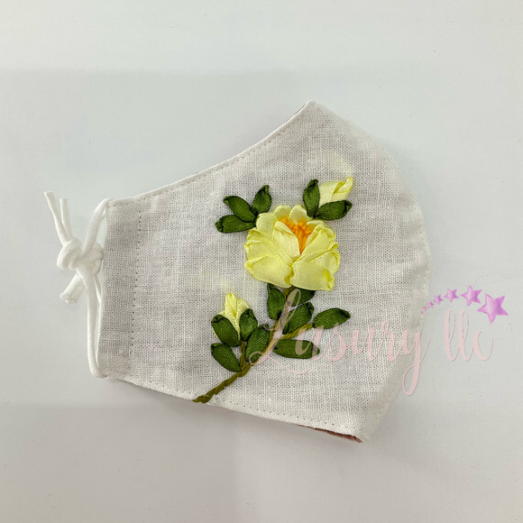 Yellow Peony Embroidery Silk Mask, Wedding Gift, Washable Reusable 3 Layers - Picture 2 of 8